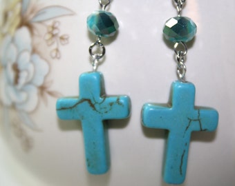 Blue Turquoise Howlite Cross Earrings With Blue Rondelle Glass Crystal