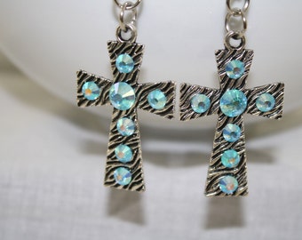 Silver Cross Zebra Stripes Dangle Earrings with Aqua Marine Rhinestone