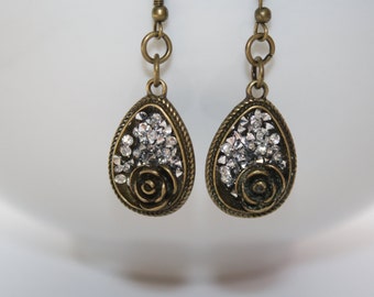 Earrings, Rose Earrings, Rhinestone Earring,  Brass Dangle Earrings