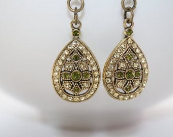 Earrings, Light Green Earrings, Rhinestone Earring,  Brass Dangle Earrings