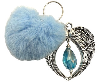 Large Angel Wing Key chain, Angel Wing Key Ring, Heaven Charm, Glass Bead, Heart, Silver, Light Blue, Heart, Pom Pom