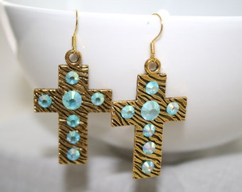 Gold Cross Zebra Stripes Dangle Earrings with Aqua Marine Rhinestone