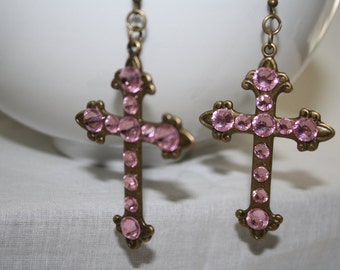 Rose Pink Rhinestone Antique Brass Cross Dangle Earrings