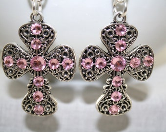 Rose Pink Rhinestone Silver Cross Dangle Earrings