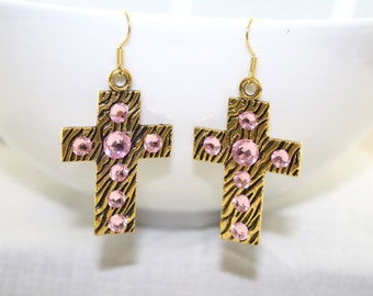 Gold Cross Zebra Stripes Dangle Earrings with Rose Pink Rhinestone