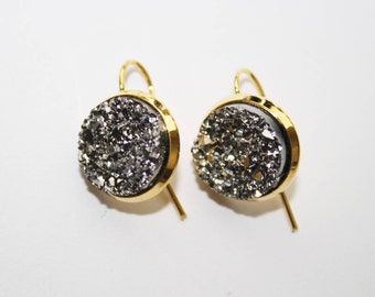 Druzy, Angelic Druzy Earrings, Gold, Dangle, Gray Druzy