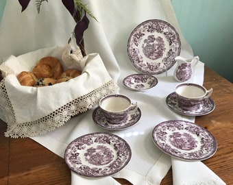 Complete tea service for two with linens in vintage Tonquin purple transfer ware.  Shower gift, Mothers day