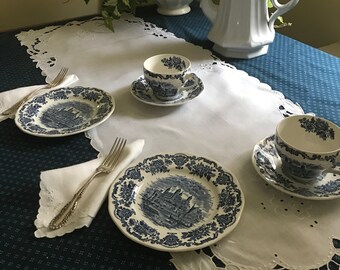 Vintage Wedgewood transfer ware tea trios.  Set of two with linens.