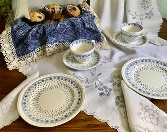 Tea for two set in vintage Copeland Spode Ermine pattern.  Two trios with tea cloth, napkins and basket liner.