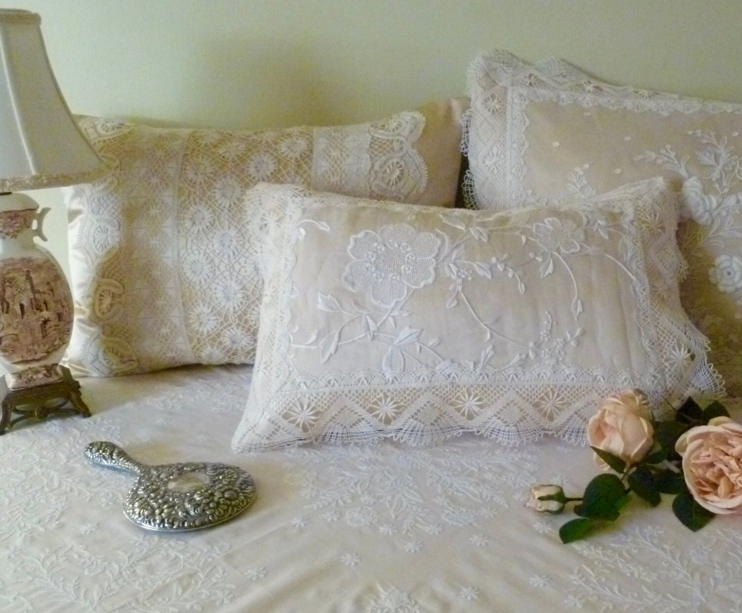 Silk boudoir pillow with vintage embroidered organdy and lace. Etsy