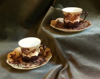 Antique demitasse cups and saucers  hand painted with warm brown acorns motifs circa 1880