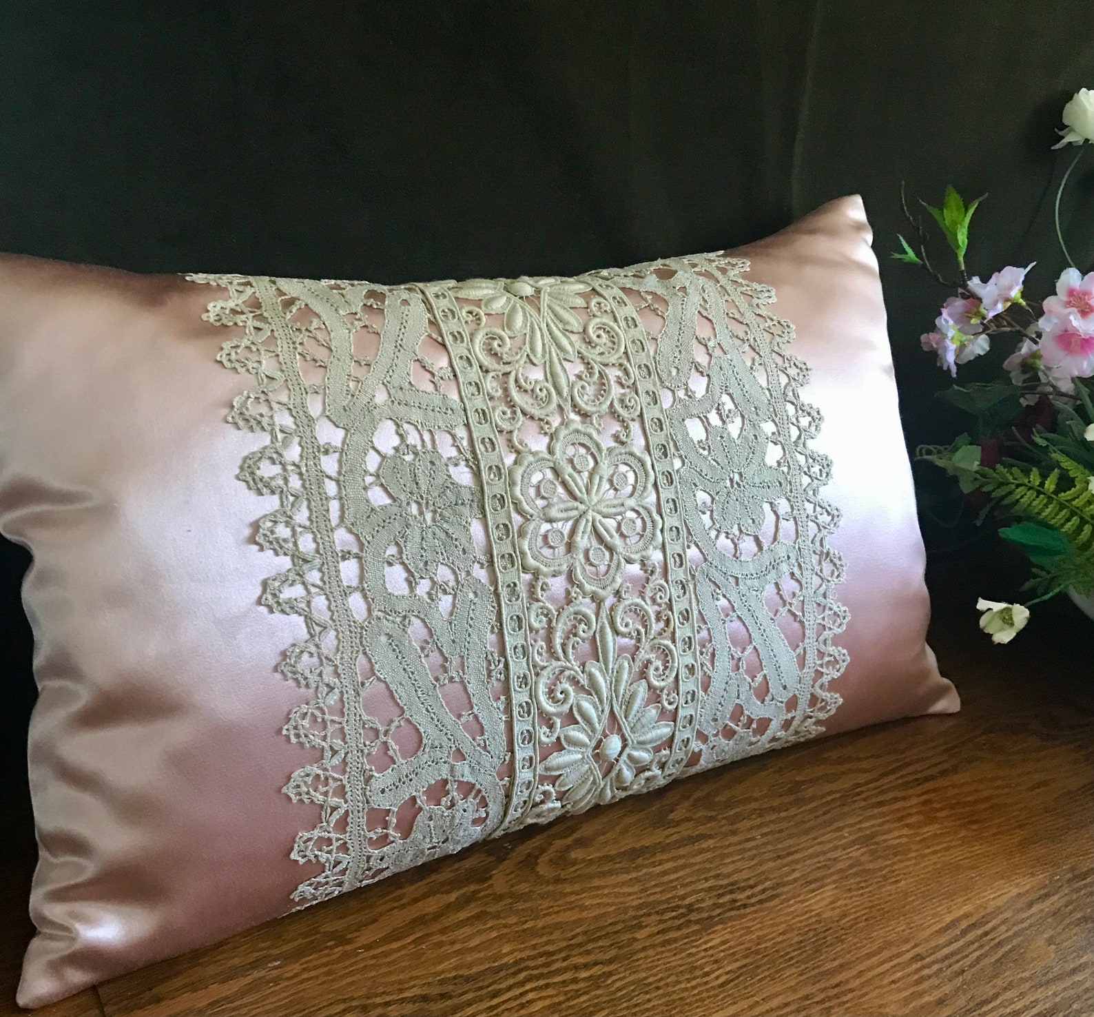 Antique Lace Pillow in Silk Boudoir Shape. Heavily Textured Etsy