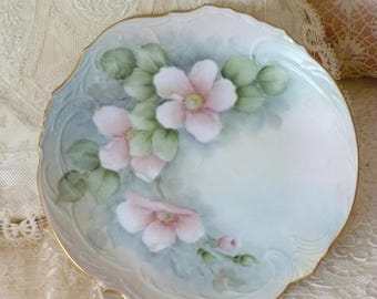 Porcelain hand painted plate with wild roses against an ice blue backdrop.  For your French vanity or English tea table.
