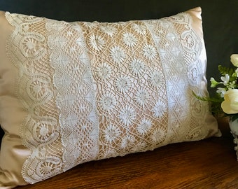 New silk satin boudoir pillow with vintage antique laces.  OOAK for your feminine retreat.