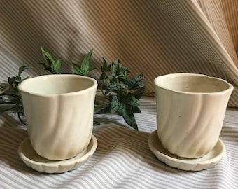Weller pottery small flower pots with drip plates set of two