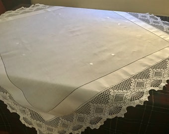 Vintage linen square cloth with deep hand crochet lace edge.  Perfect for winter or spring tea gathering