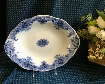 Antique Flow blue oval serving bowl in Keswick pattern by Wood & Son England