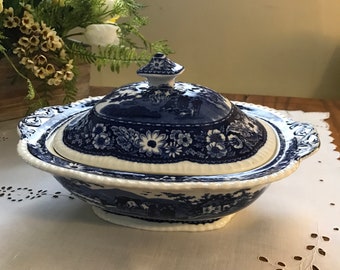 Royal Cauldon Native pattern covered vegetable.  A rich blue country serving piece for your holiday table