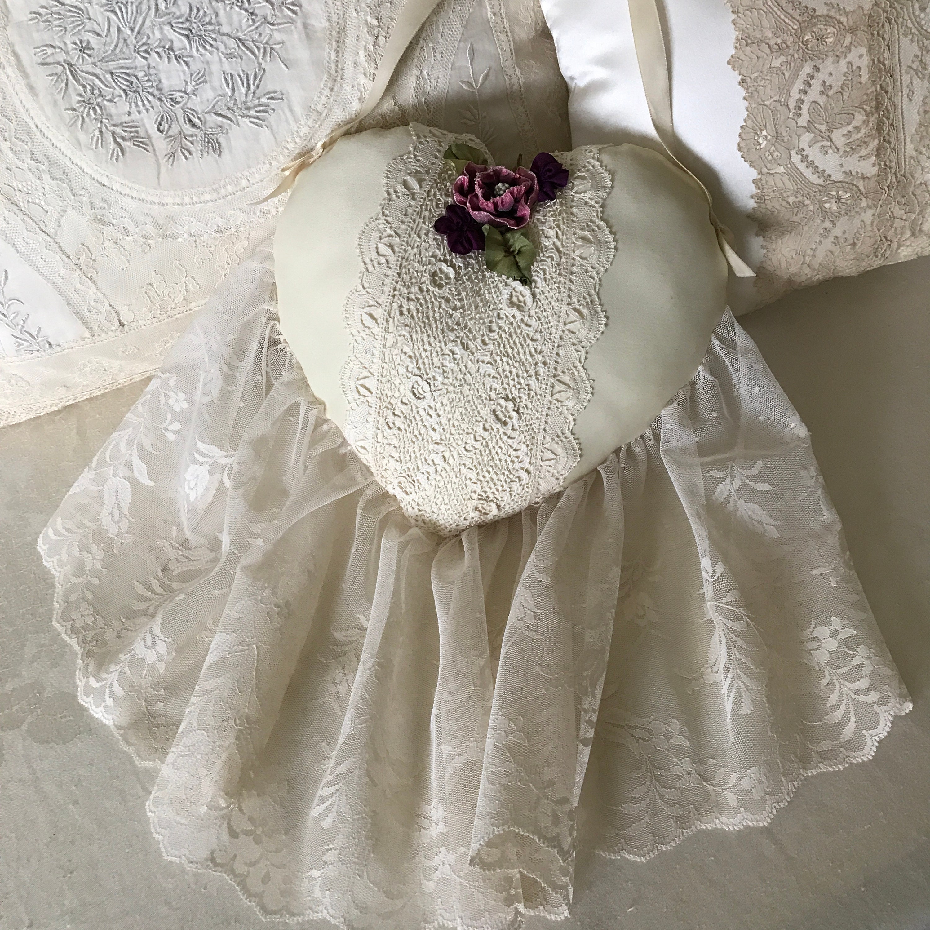 Vintage Lace Heart Pillow With Ribbon Work and a Flounce of Etsy UK