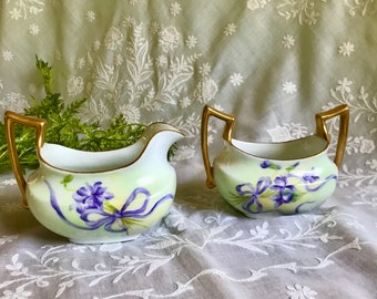 T&V Limoges  sugar and creamer with violets and ribbons for your tea table