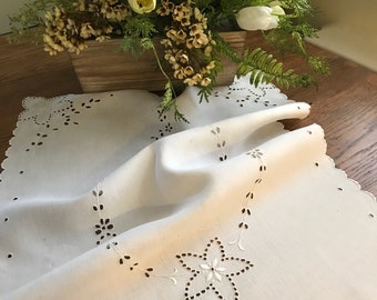 Vintage linen rectangular centerpiece in broderie anglais