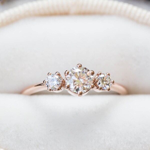 Three stone moissanite engagement ring, diamond alternative engagement ring, gold engagement ring, unique engagement ring, alternative ring