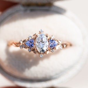 Briar rose three stone ring, moissanite ring, oval leaf ring, tanzanite, unique engagement ring, nature ring, ethereal engagement, 14k gold