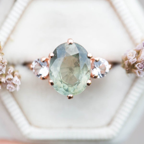 4.74 carat green umba sapphire engagement ring, oval sapphire ring, pastel sapphire ring, unique engagement ring, right hand ring, oore