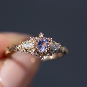 Round lab pink sapphire briar rose, three stone ring, unique engagement ring, leaf ring, morganite ring, diamond ring, oore