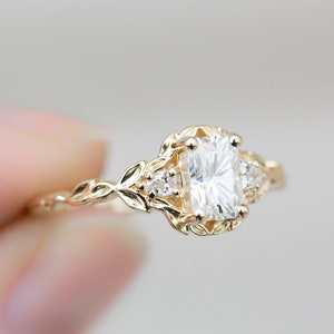 Moissanite three stone leaf engagement ring, split shank ring, leaf ring, radiant moissanite, nature engagement ring, unique ring, 14k gold