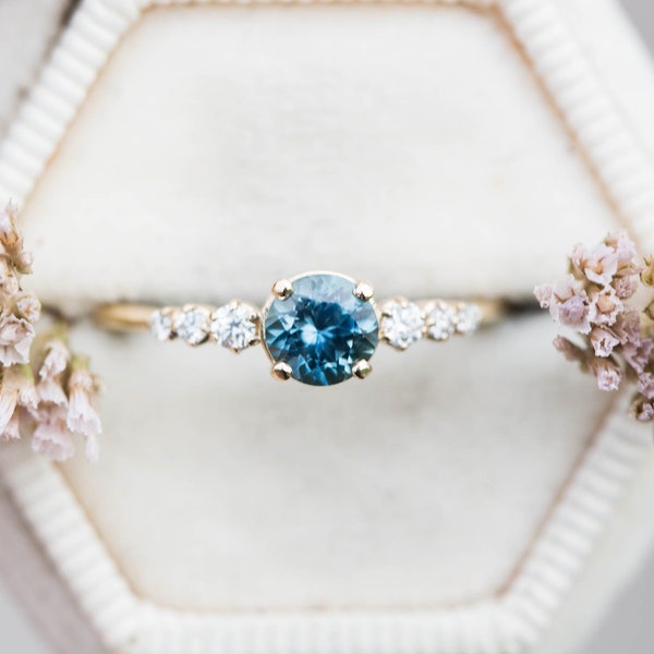 Montana sapphire cluster engagement ring, 14k gold ring, blue green sapphire ring, round engagement ring, unique engagement ring, teal ring