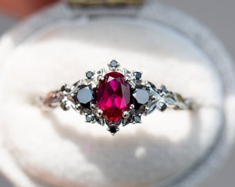 Lab ruby three stone ring, black diamond ring, oval leaf ring, black diamond, unique engagement ring, nature ring, ethereal engagement, ruby