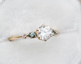 Round moissanite five stone ring, teal sapphire engagement ring, pear side stones, cluster ring, unique engagement ring, blue green sapphire