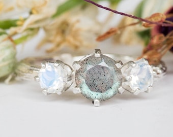 Labradorite moonstone three stone engagement ring, moonstone labradorite twig engagement ring, twig ring