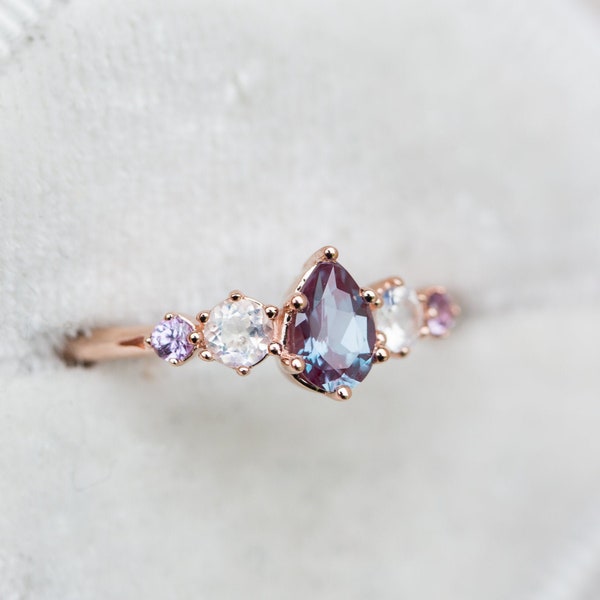 Alexandrite moonstone cluster five stone engagement ring, lavender sapphire ring, cluster engagement ring, unique engagement ring, more