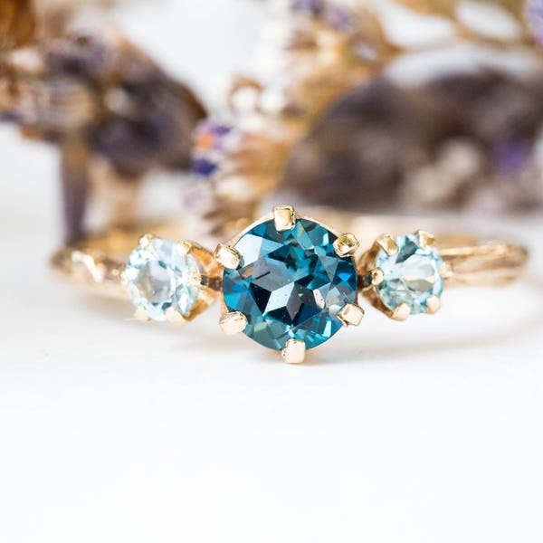 Three stone london blue topaz and aquamarine engagement ring, aquamarine gold engagement ring, twig engagement ring