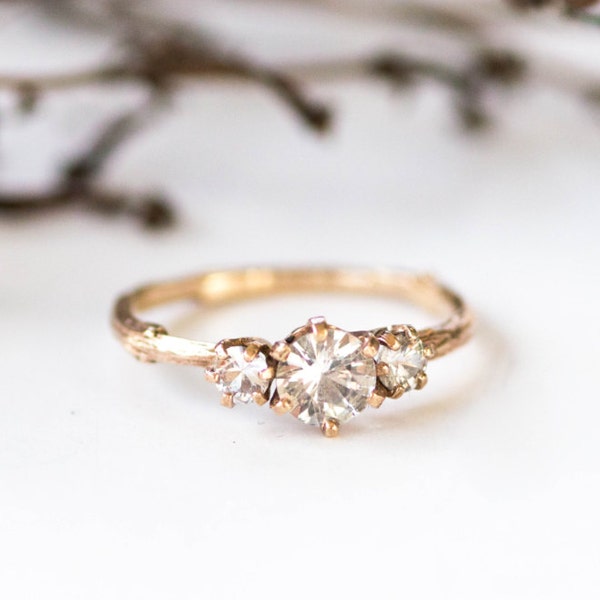 Three stone white sapphire 14k gold twig engagement ring, three stone engagement ring, gold twig ring