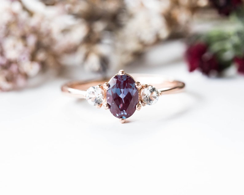 Alexandrite sapphire three stone 14k gold engagement ring image 2