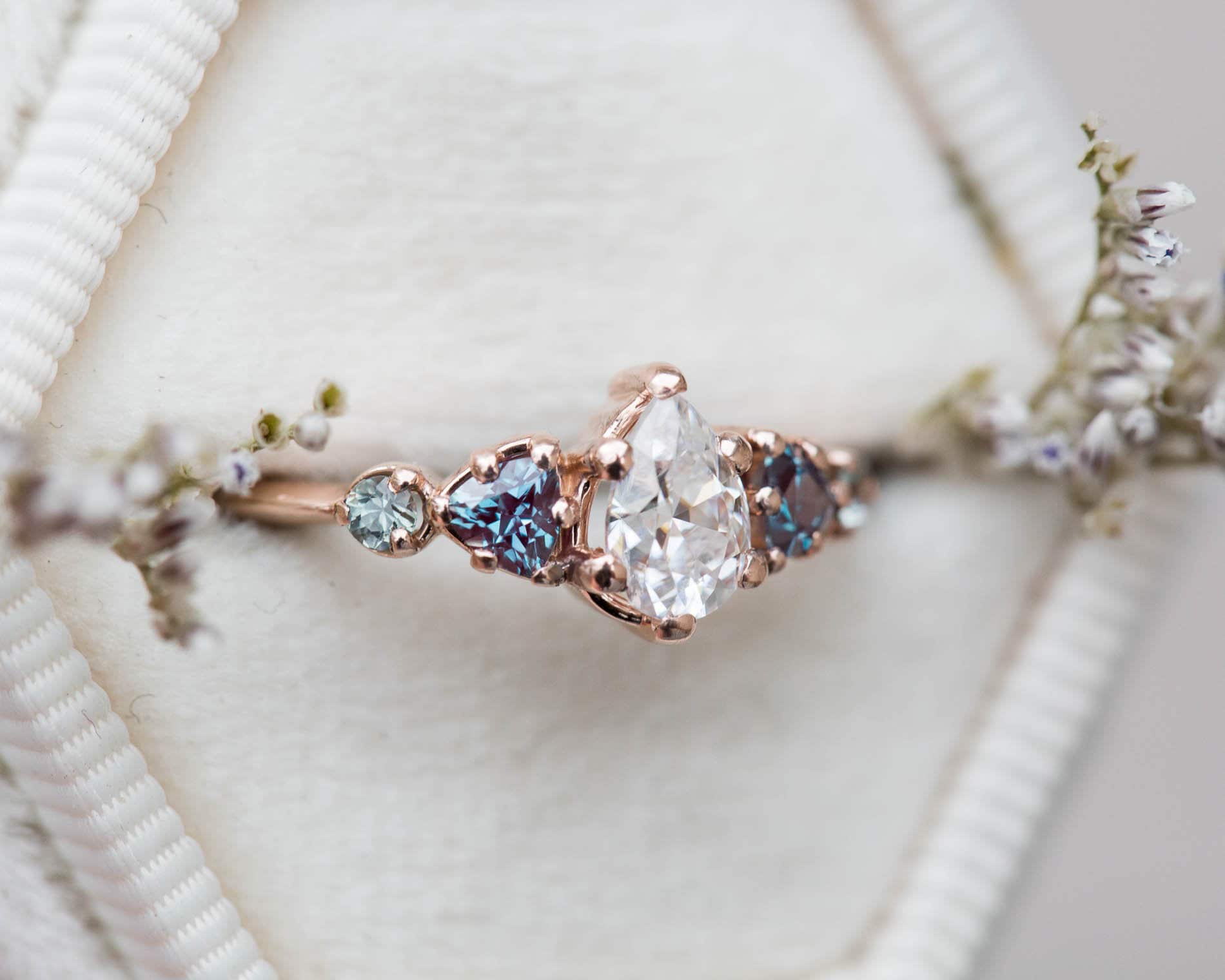 Moissanite pear cluster ring alexandrite ring cluster sapphire ring unique engagement ring five stone ring teal sapphire unique ring