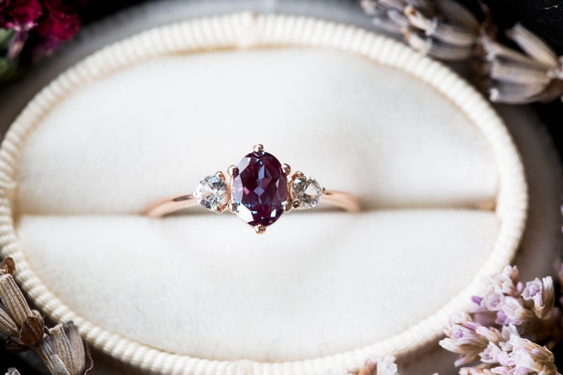 Alexandrite sapphire three stone 14k gold engagement ring image 1