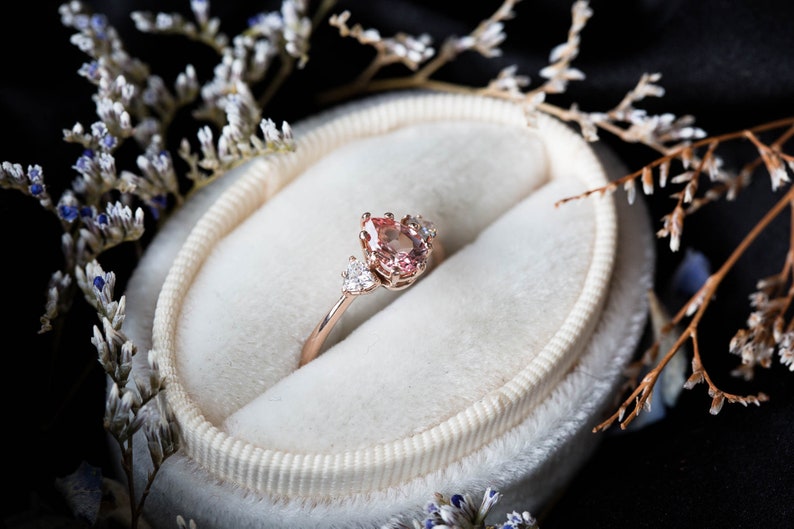 Peach sapphire moissanite three stone engagement ring pear Etsy