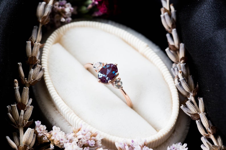 Alexandrite sapphire three stone 14k gold engagement ring image 6