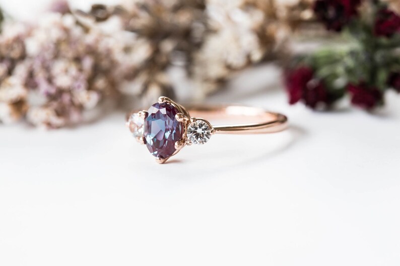 Alexandrite sapphire three stone 14k gold engagement ring image 3
