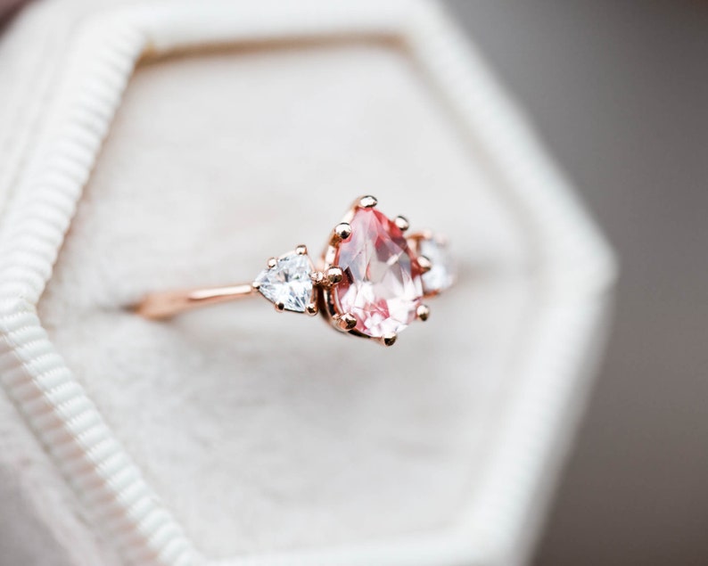 Peach Sapphire Moissanite Three Stone Engagement Ring Pear Etsy