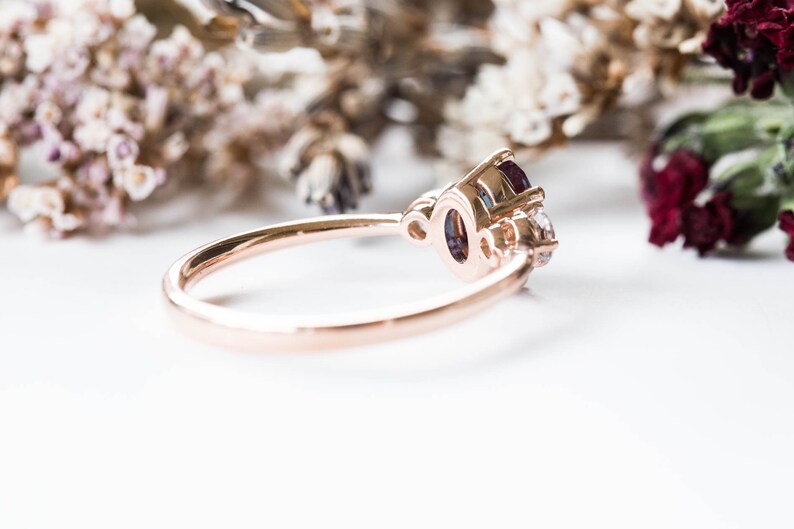 Alexandrite sapphire three stone 14k gold engagement ring image 5