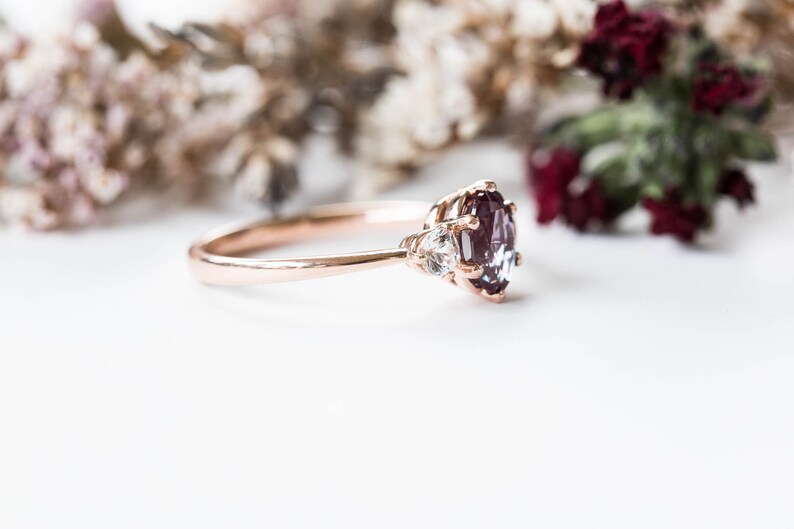 Alexandrite sapphire three stone 14k gold engagement ring image 4