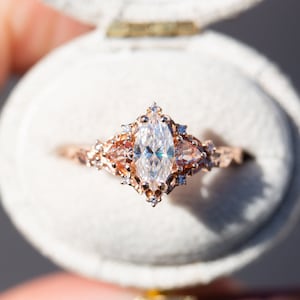 Briar rose three stone ring, moissanite ring, marquise leaf ring, peach sapphire, unique engagement ring, nature ring, ethereal engagement