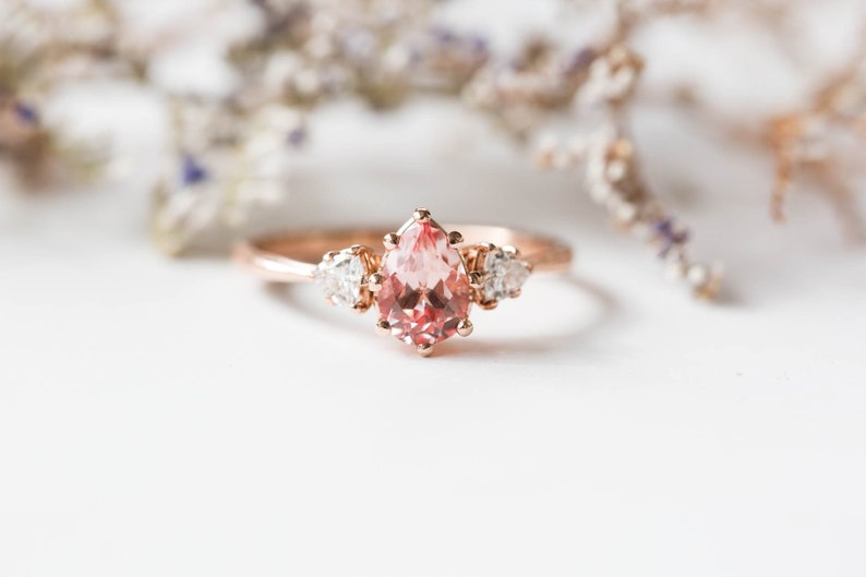 Peach sapphire moissanite three stone engagement ring pear Etsy