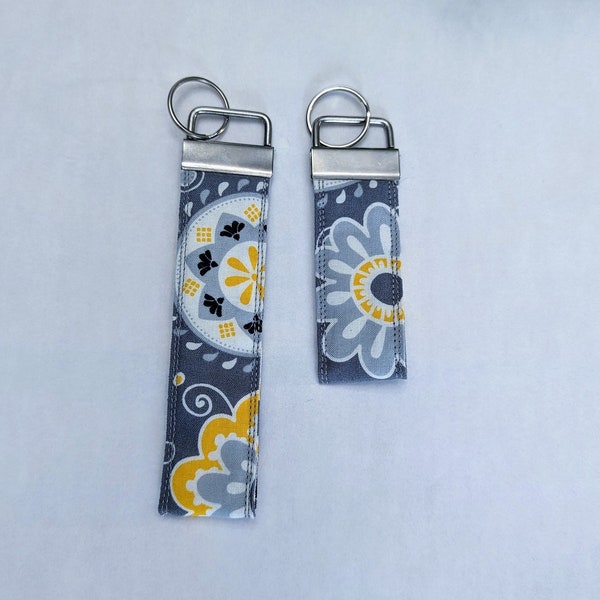 Yellow and Gray fabric keychain- key fob- wristlet for keys- flower keychain - cotton fabric keychain - modern keychain