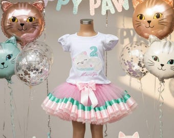 Personalized Cat Birthday Tutu  and shirt Outfit, Kitten Cake Smash